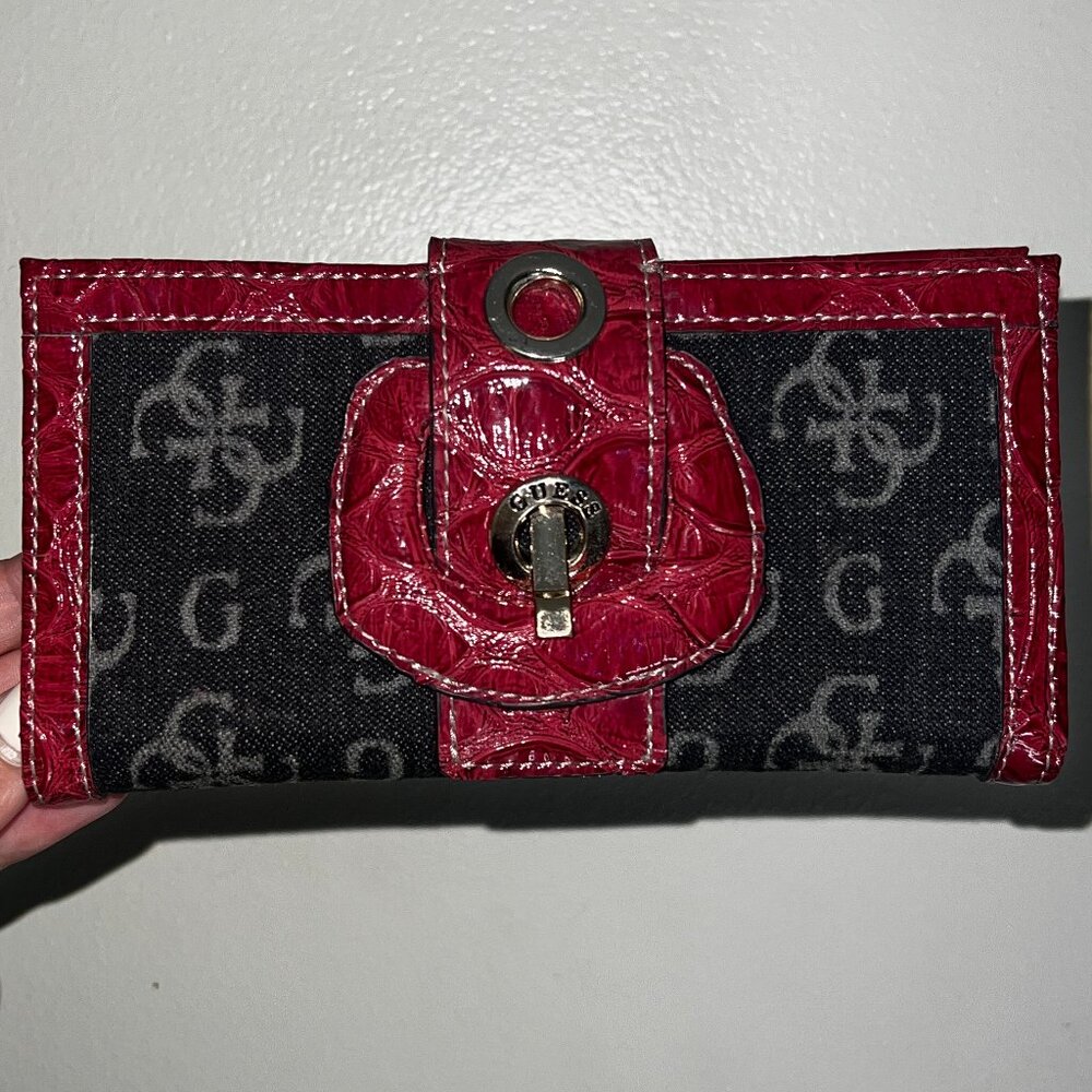 Guess Dark Denim & Red Gator Vegan Leather Wallet